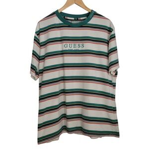 GUESS Originals Striped Logo T Shirt Cream Green Pink XL Crew Neck